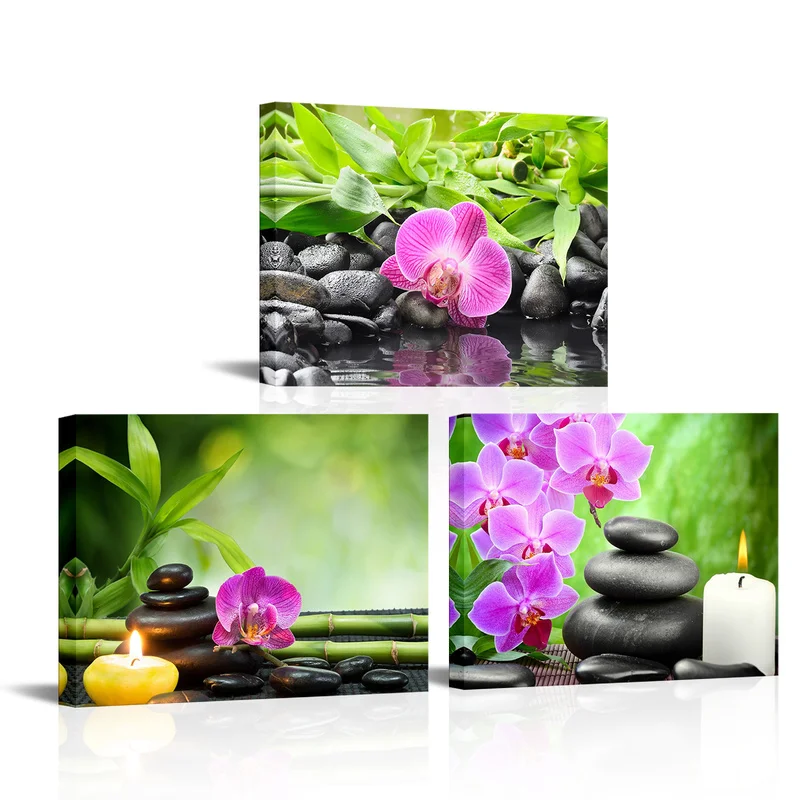 3 Pieces Purple Phalaenopsis Posters Wall Art Stones and Bamboo Print Canvas Art Modern Style Pictures Living Room Home Decor