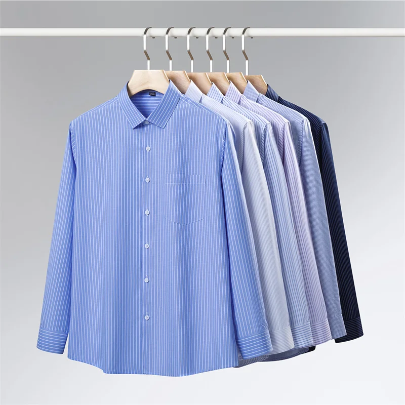 New Men Formal Shirt Long Sleeve Office Solid Color Striped Fashion Business Pocket White Social Shirt Men's Clothing 7XL 8XL