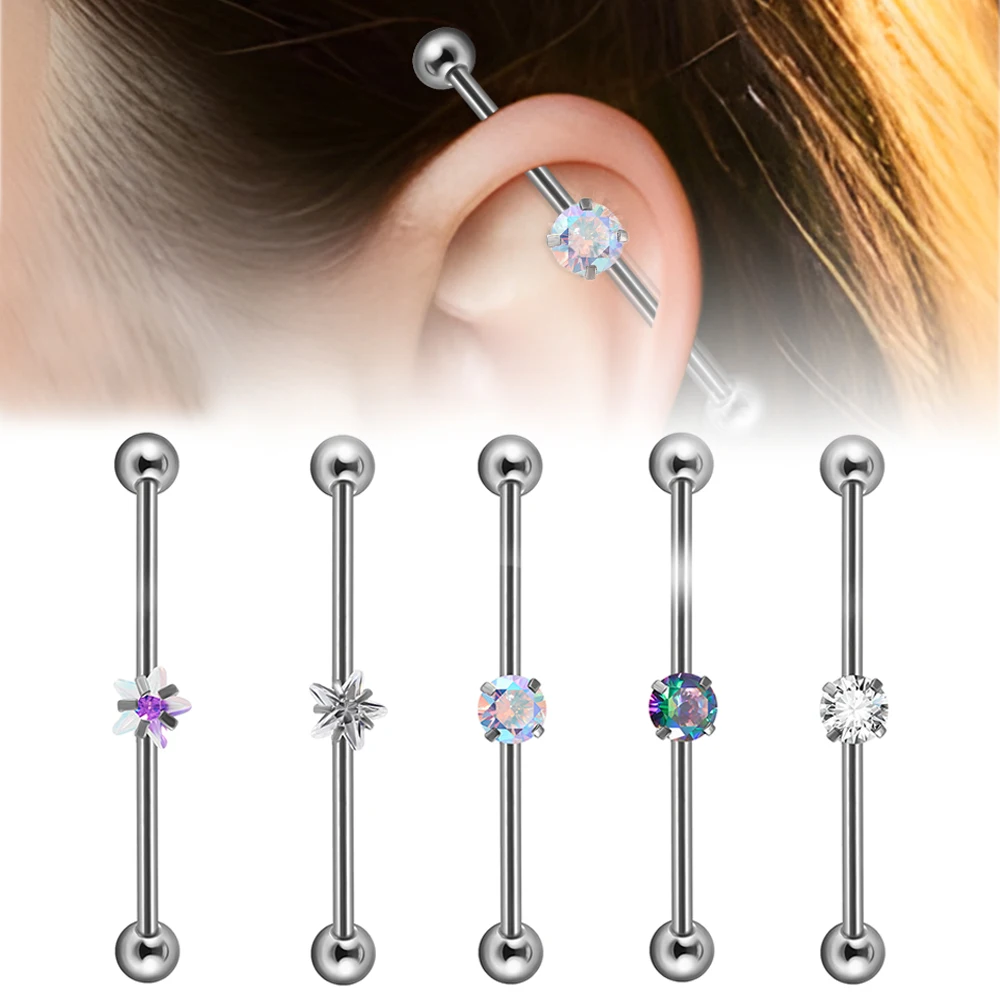 1/5 قطعة الجراحية الصلب الزركون الصناعية الحديد القرط تشيكوسلوفاكيا الغضروف اللولب ستار طويل جسر القرط ثقب مجوهرات للجسم 38 مللي متر #2