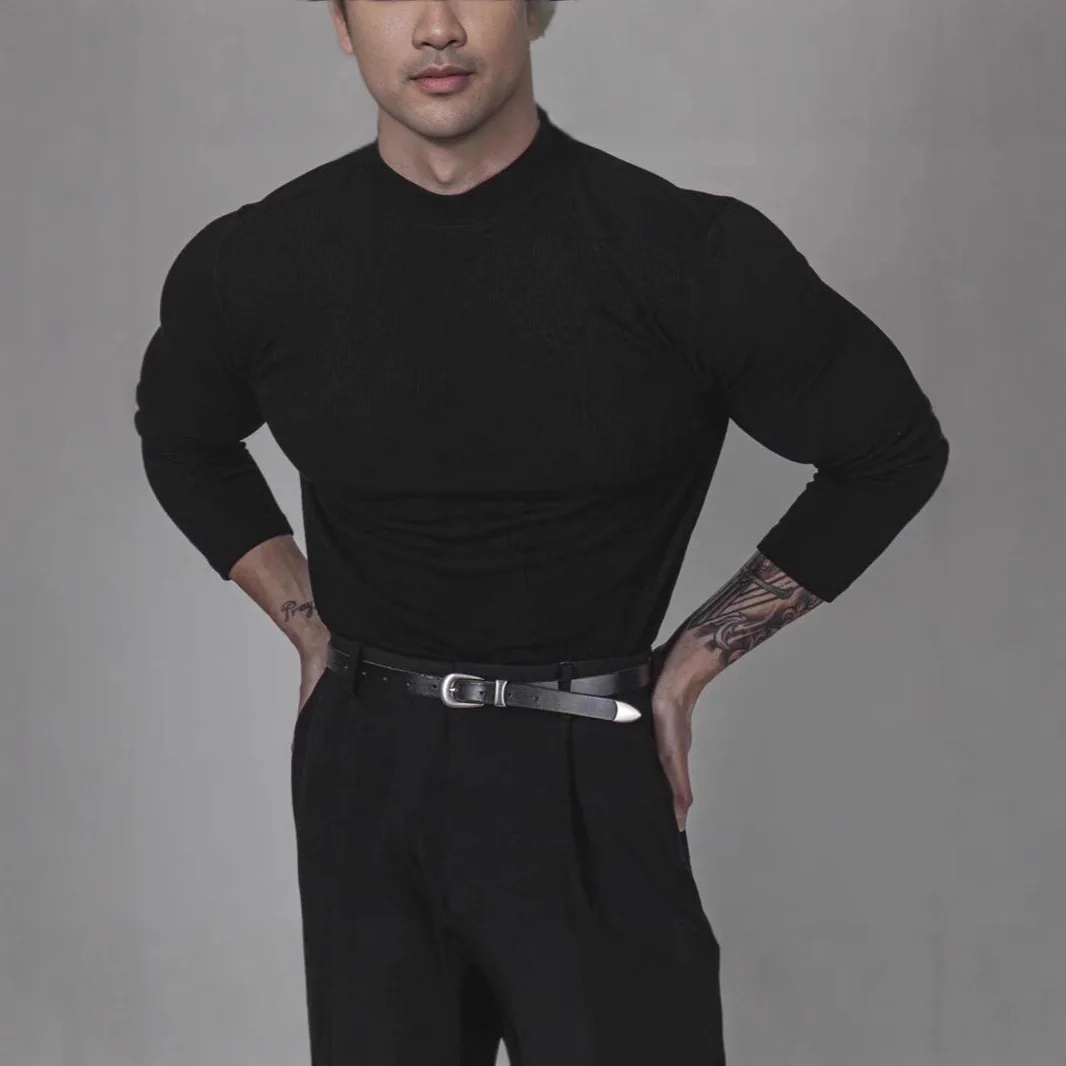 Mock Neck Ice Silk Ribbed Textured Slim Stretch Long Sleeve T-Shirt Men's Cooling Quick-Dry Base Layer Top
