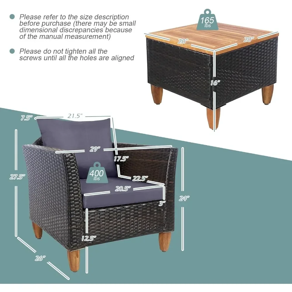 3 Stuks Terras Veranda Meubelset, Pe Rotan Rieten Stoel Conversatieset Met Kussens En Opbergtafel