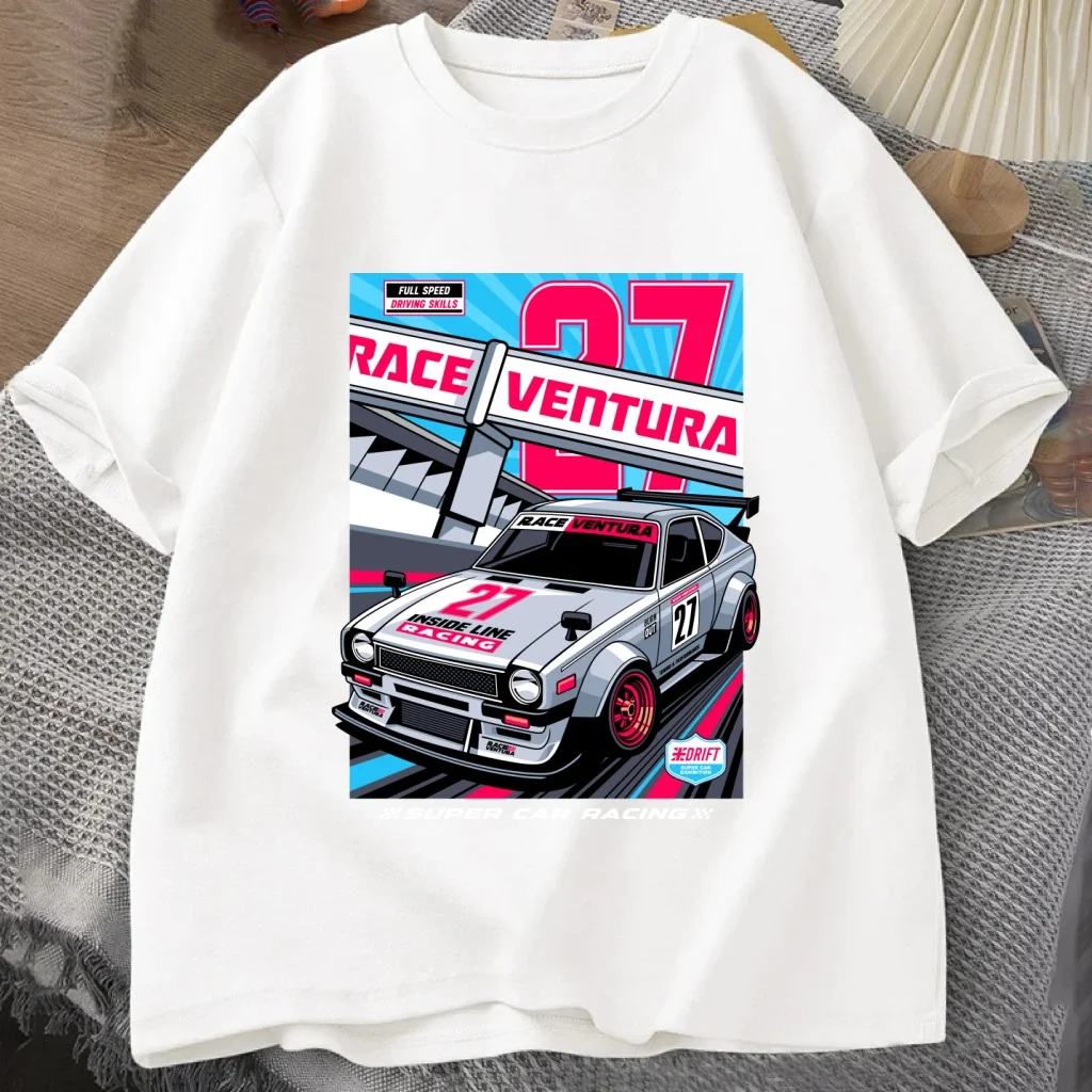 Nova Camiseta Casual Race Ventura com Gola Redonda para Homens, em Algodão Macio, Estampa Retrô, Confortável para Uso Diário