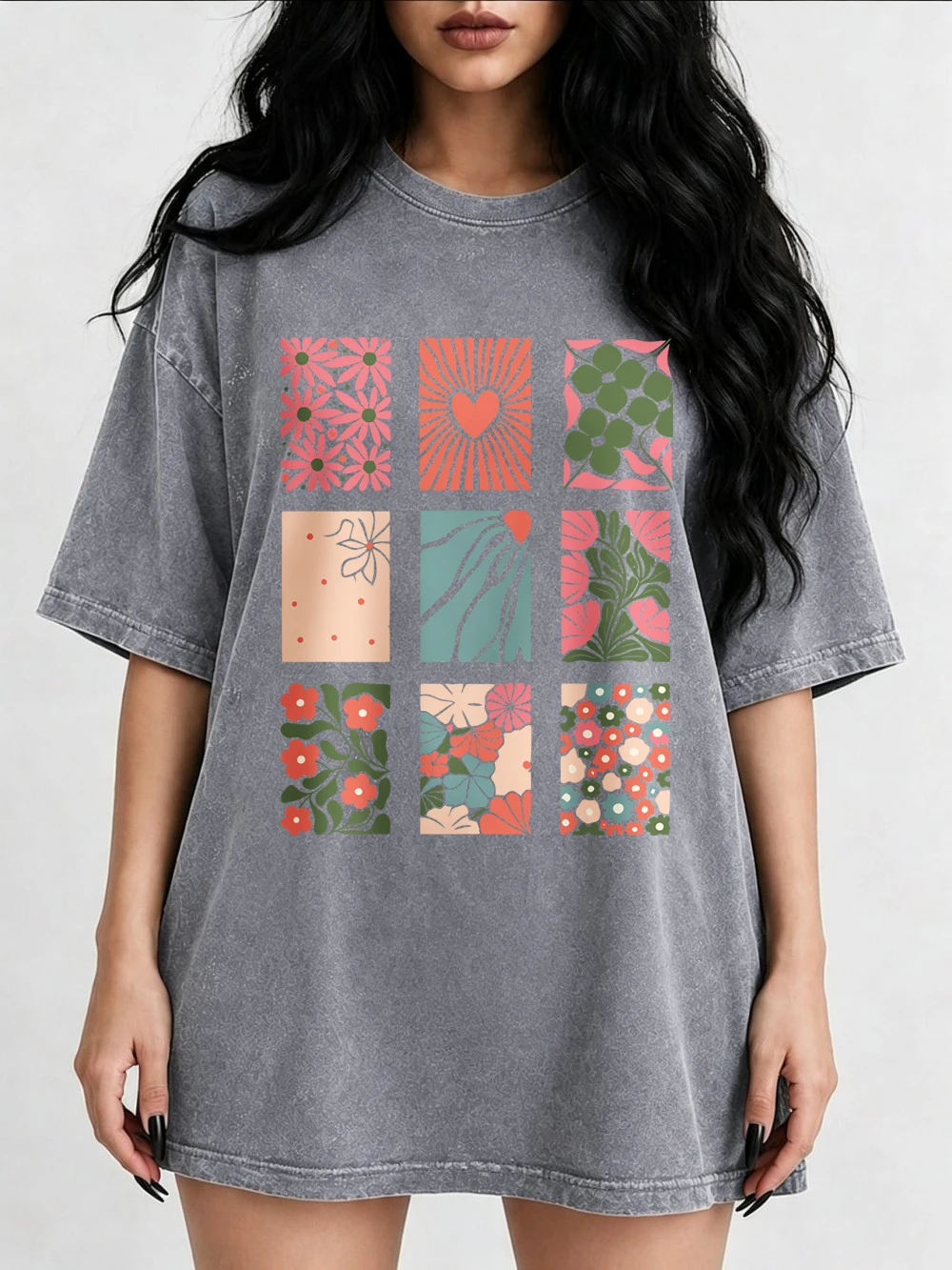 Floral Heart Abstract Botanical Prints Washed T-Shirts Womens Cotton Oversized Tops Distressed O-Neck T Shirts Summer Clothes