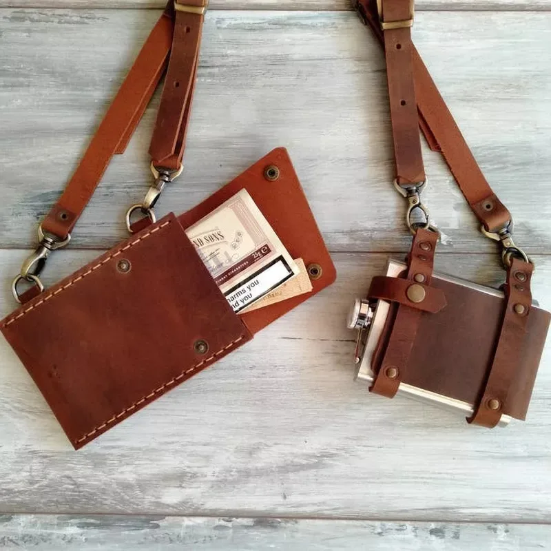 Medieval Steampunk Leather Shoulder Harness Bag Vintage Phone Money Pocket Flask Holster Viking Cosplay Festival Purse Wallet