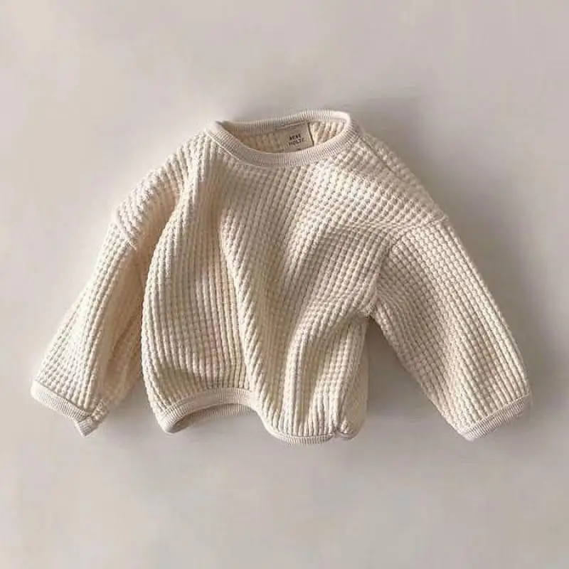 2025 Autumn New Baby Long Sleeve Sweatshirt Boys Girls Solid Loose Pullover Infant Toddler Waffle Casual Tops Children Clothes