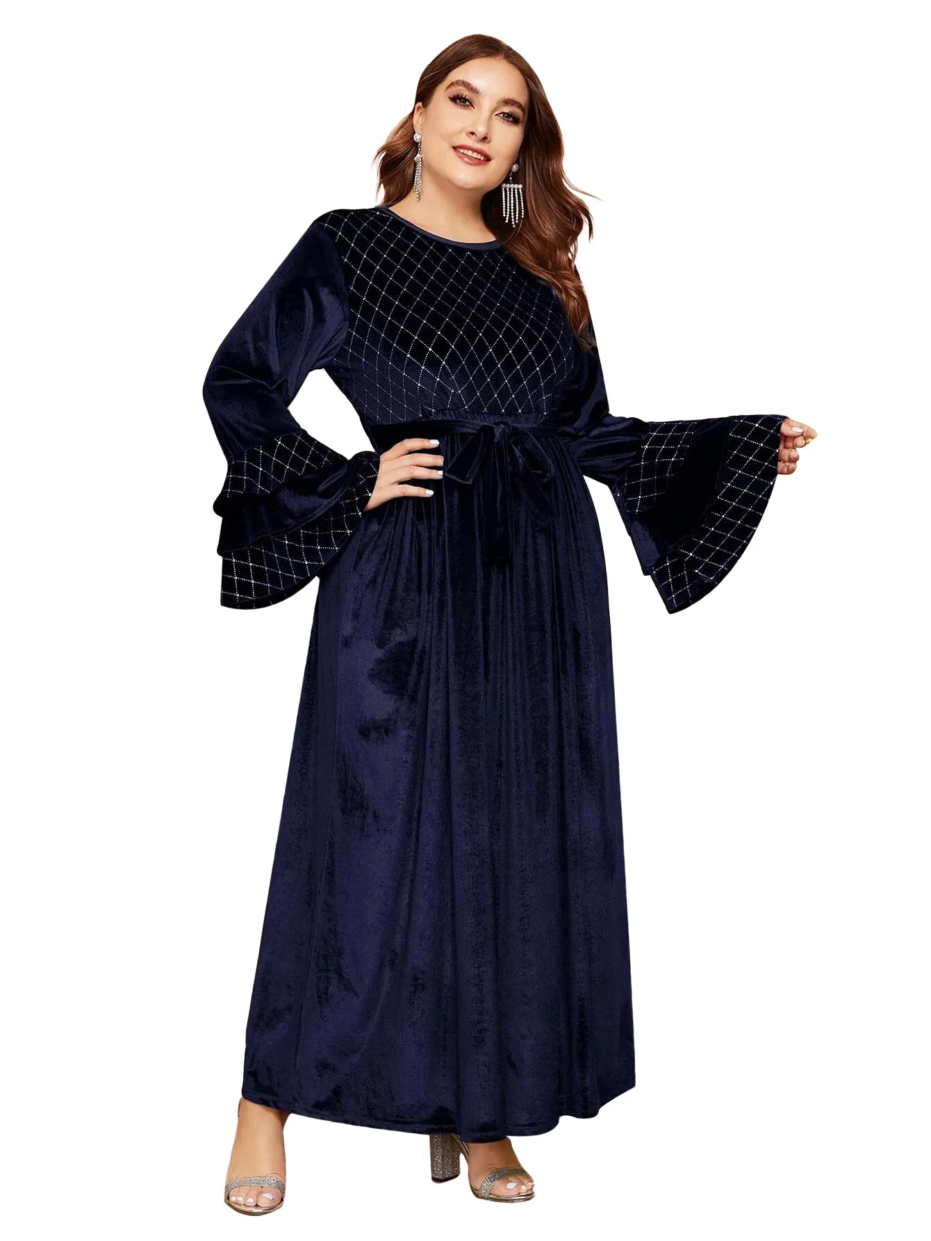 Muslim autumn and winter new fashion dress Dubai Arab Turkey plus-size women\'s bronzes flared sleeve canary loose dress