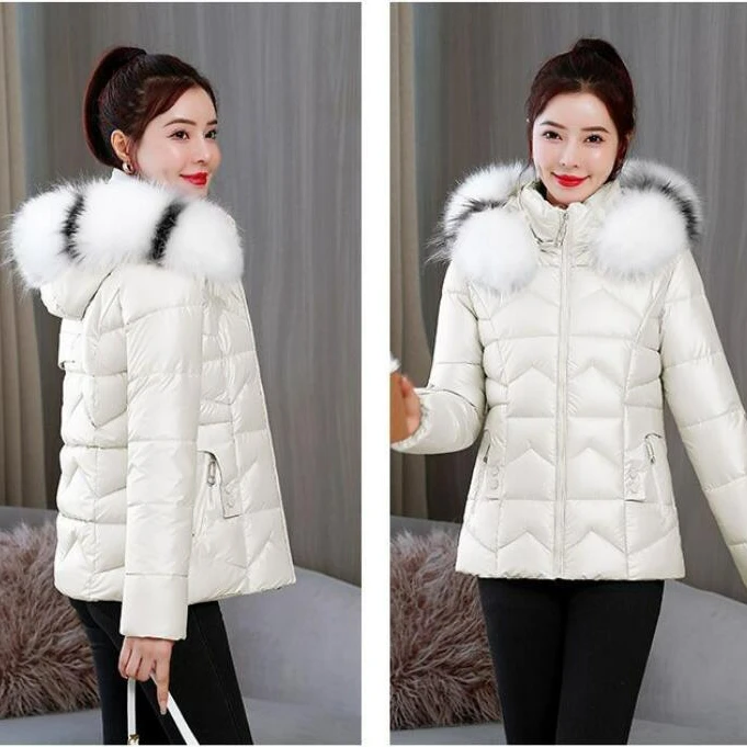 2023 neue Winter kurze Parkas Frauen lose glänzende Mantel Pelz kragen Daunen Baumwoll jacke weibliche Parka Kapuze warme Freizeit Outwear