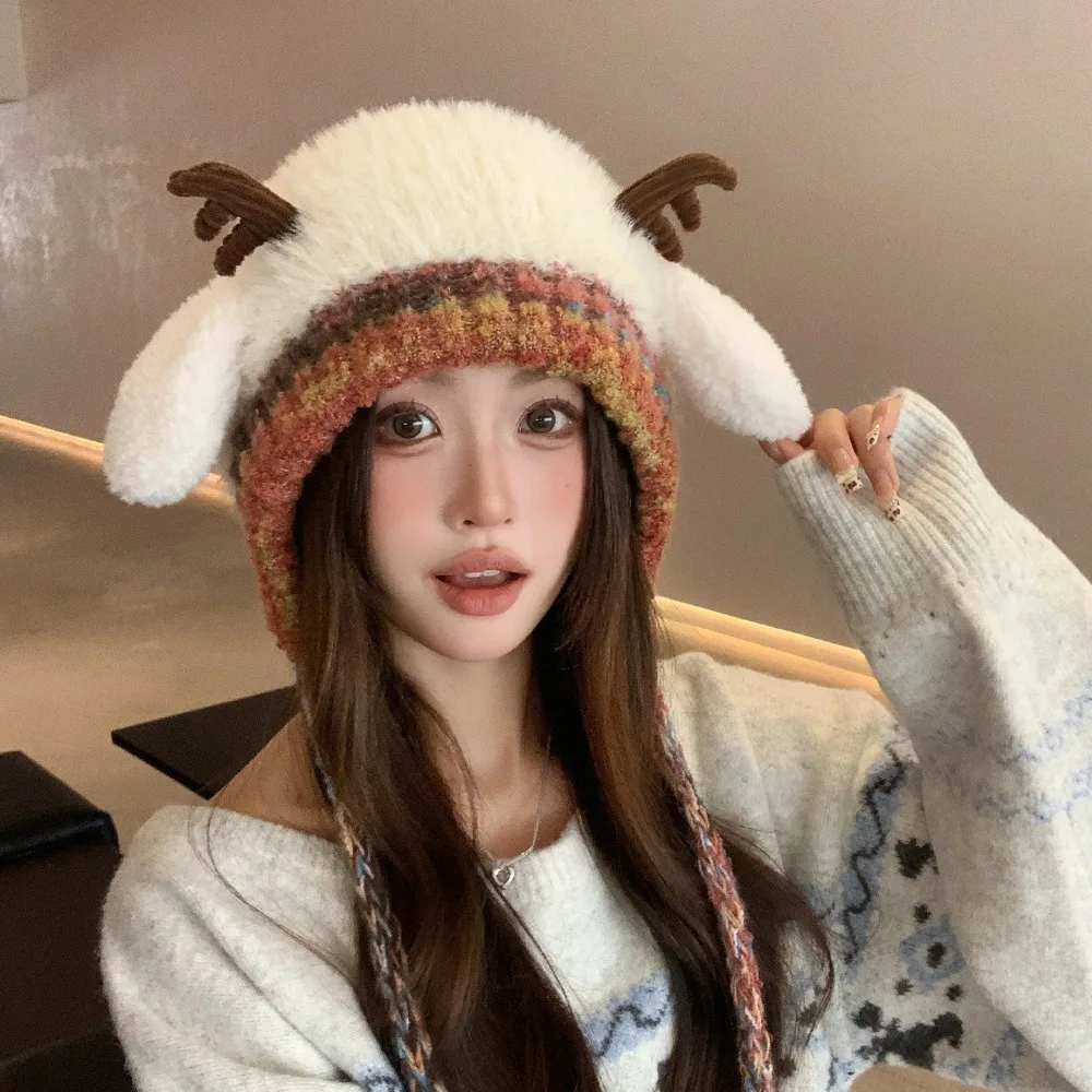 

New Fur Deer Storage Hat Windproof Ear Protection Knitted Deer Antler Hat Warm Elastic Winter Cap Outdoor