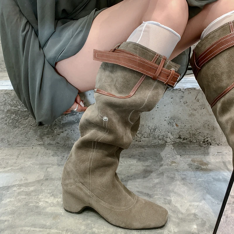Cow Suede Belt Buckle Knight Boots Women's Boots 2027 Autumn Winter New Round Toe Sleeve Loose Thick Middle Heel But Knee Boots