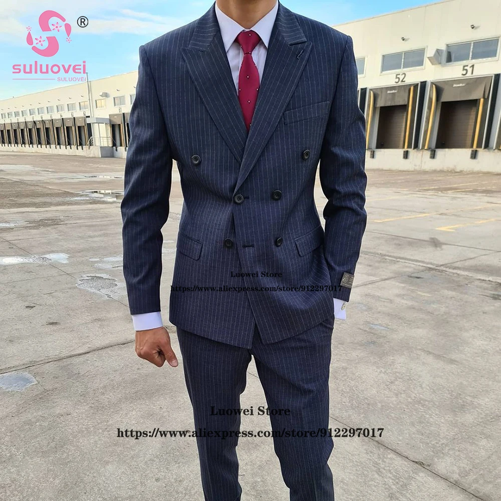 Setelan Berkancing Dua Baris Mode untuk Pria Slim Fit 2 Potong Set Jaket Celana Pria Pernikahan Kerah Peaked Tuksedo Blazer Bisnis