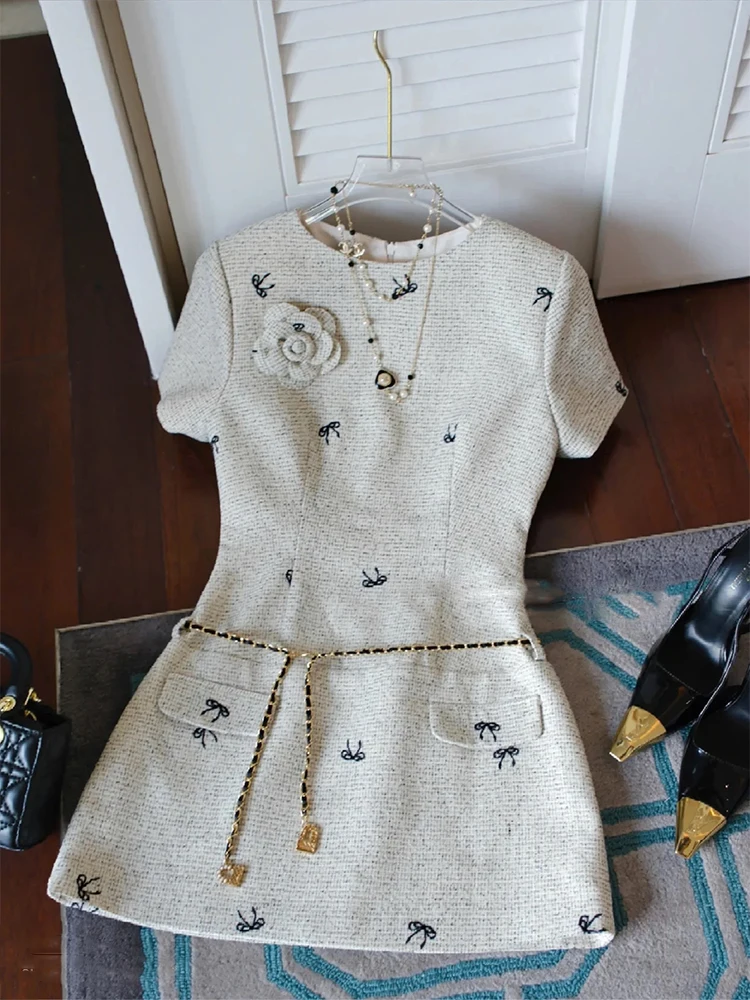 

Elegant Embroidered Knot Dress Women's Summer Slimming Waist High Waist A-Line Skirt Short Sleeve round Neck Dress