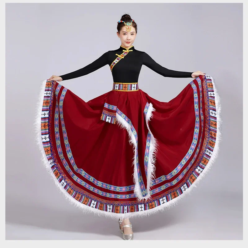 Mongolian National Tibetan Dress Modern Minority Performance Costume Traditional Folk Stage DanceWear Tibetan Outfit Long Skirts