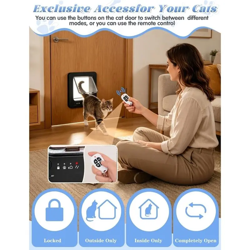 AS94-Smart Cat Door With 3 Collar Sensor Keys, RFID Technology Enabled Remote Control Functionality, 4-Way Locking Mechanism