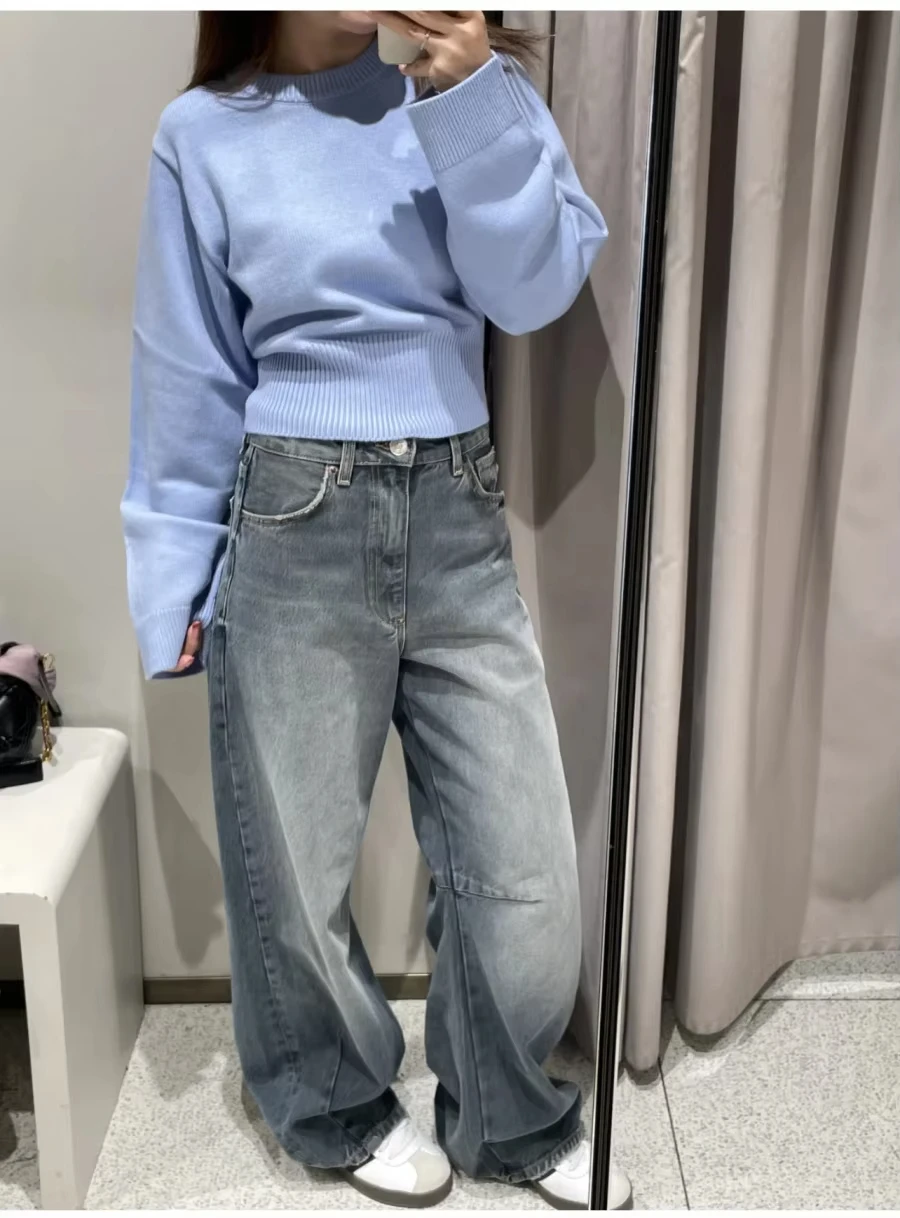 

Женский ультра-широкий ребристый подол, короткий кардиган с длинными рукавами, свободный рукав, вязаный свитер с круглым вырезом, новый продукт