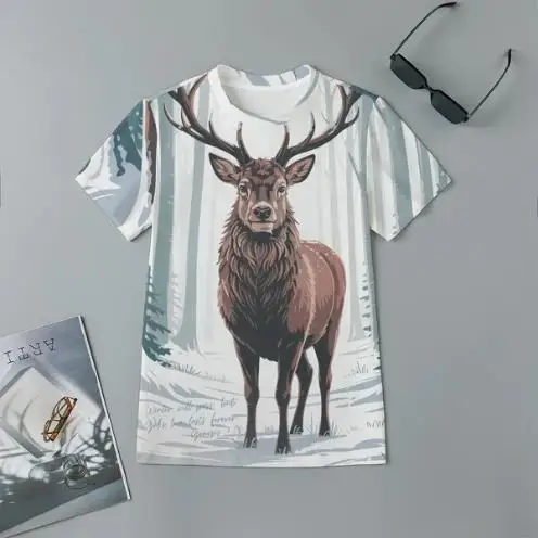 Men's Ink Deer Mountain Forest Print Round Neck Short Sleeve T Shirt Wilderness Art Outdoor Casual Tee Street Mens Clothing