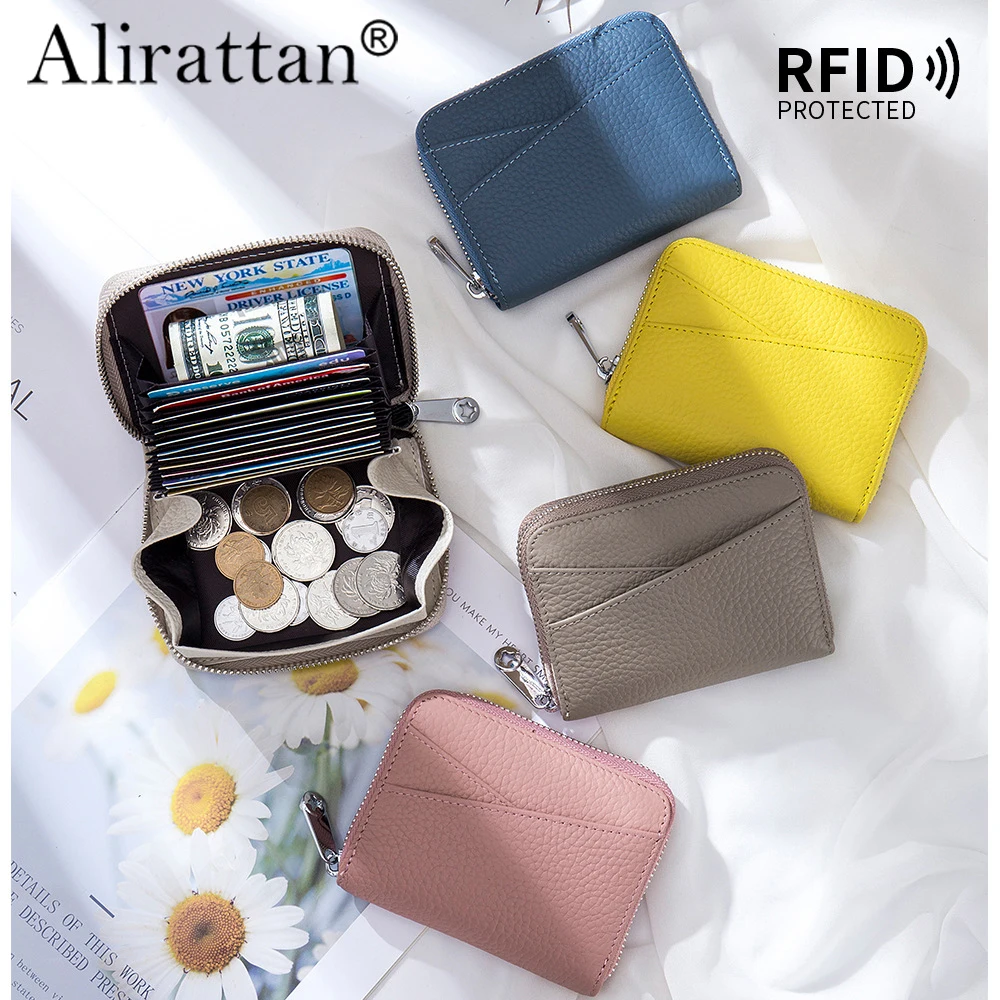 

Alirattan 2024 New Genuine Leather Multi Card Holder RFID Zero Wallet Zipper Card Holder For Women's Large Capacity Coin Bag