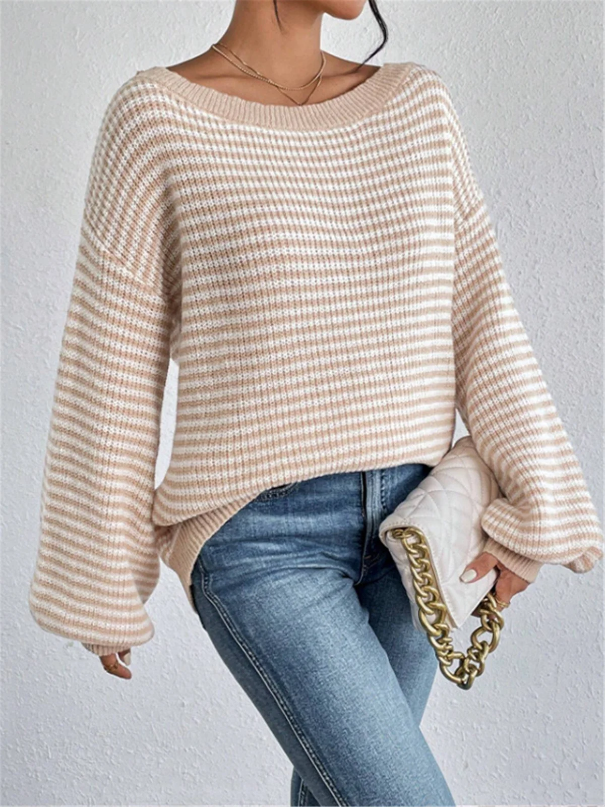 Long Sleeve Top Knitted Korean Fashion Fall Striped Pattern Sweaters Vintage Clothes Off Shoulder Tops Sexy Pullovers Knitwear