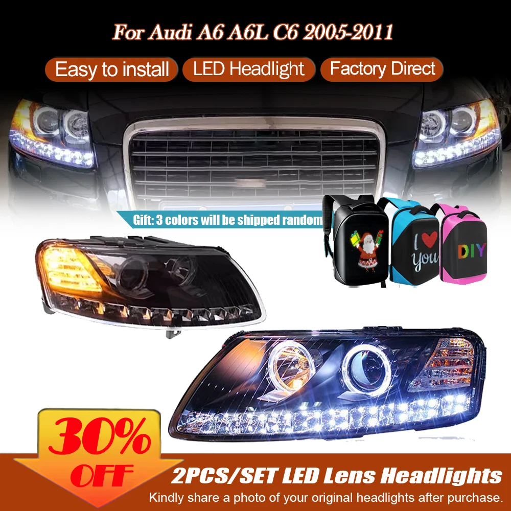 

for A6 Headlight 2005-2011 A6L C5 C6 LED DRL Hid Option Bi Xenon HeadLamp Brake Stop Reverse Turn Signal Lights Auto Accessories