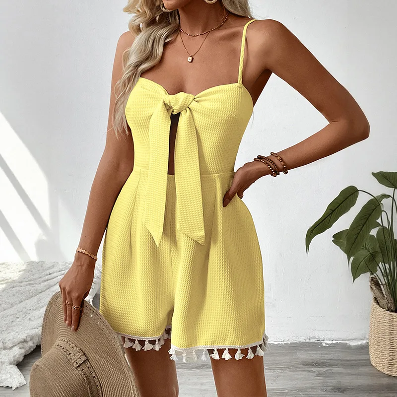 Bestverkochte Europese en Amerikaanse lente-zomer getextureerde wafelpatroon effen kleur gepersonaliseerde jumpsuit shorts met franjes