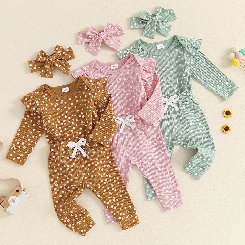 2024-05-22 Lioraitiin Baby Girl Fall Outfit, Floral Long Sleeve Ribbed Romper Elastic Waist Pants with Bow Headband 3 Piece Set