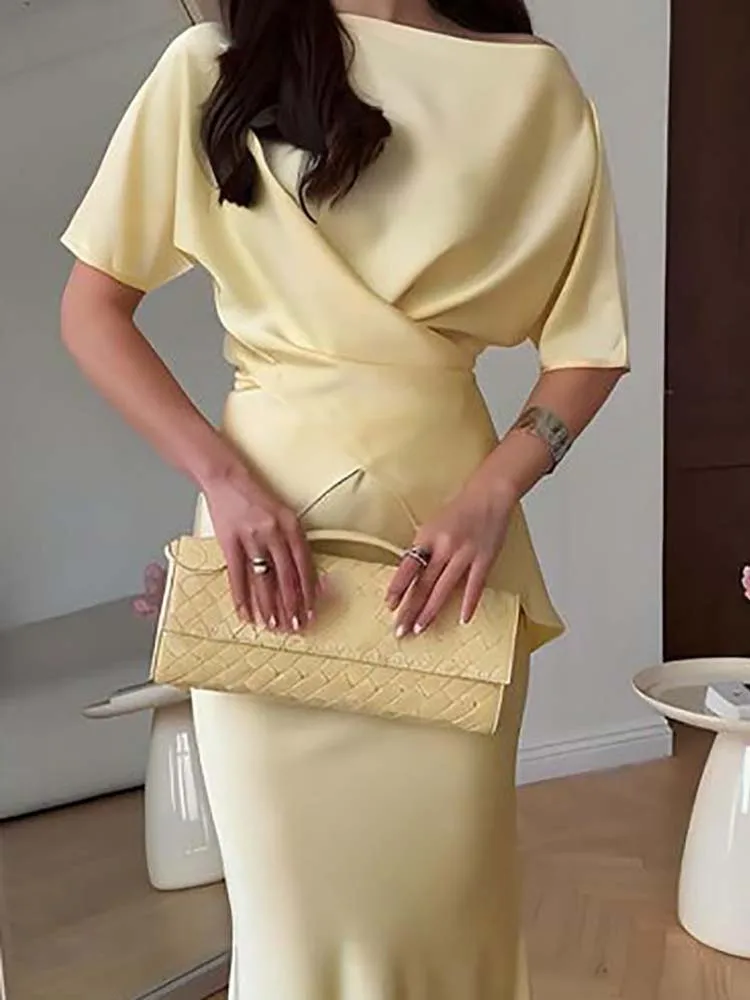 

Summer Thin Satin Two Piece Simple Solid Color Temperament Women's Party Outfit Casual O-neck Short Sleeved and Long Skirt Suit