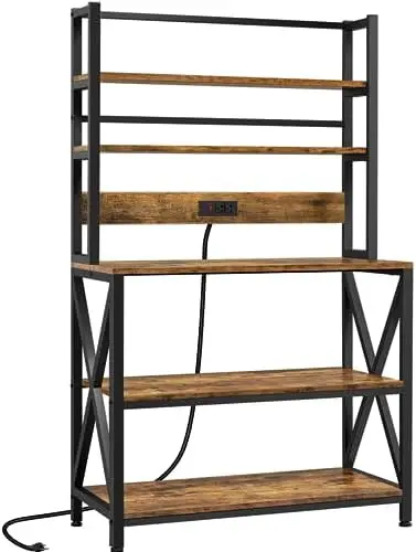 

5-Tier Bakers Rack with Power Outlet, Microwave Stand Utility with Metal Frame, Industrial Kitchen Rack Coffee with Adjustabl