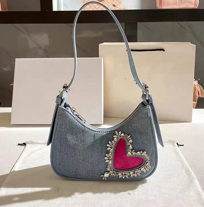 Women New Y2K Style Denim One Shoulder Bag New French Rhinestone Decor Underarm Bag Fashion Love Pattern Design Cowboy Phone Bag