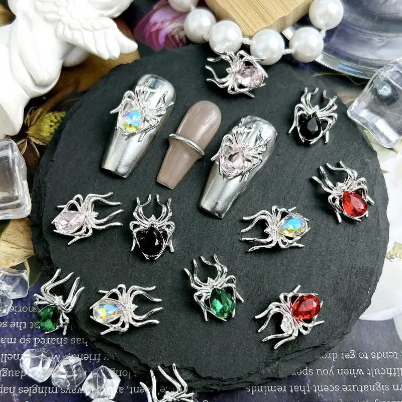 5 uds nueva aleación simulada araña plateada decoración artística de uñas cristal colorido gota de agua incrustaciones de diamantes dijes de uñas DIY