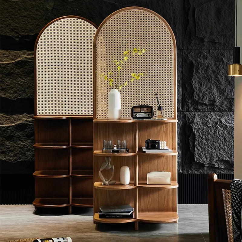 HYS solid wood folding screen rattan partition living room folding mobile bedroom shading home entrance wall simple black retro