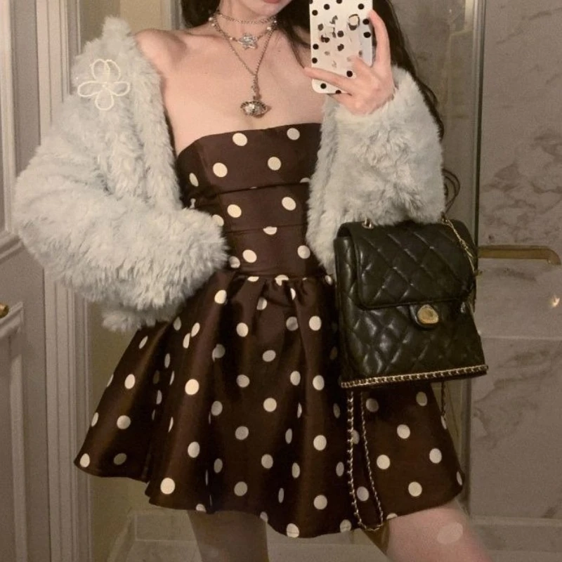 

Sweet, Gentle, Pure Desire, Casual Polka Dot Strapless Dress, Fluffy Skirt, Autumn and Winter New Women's Clothing