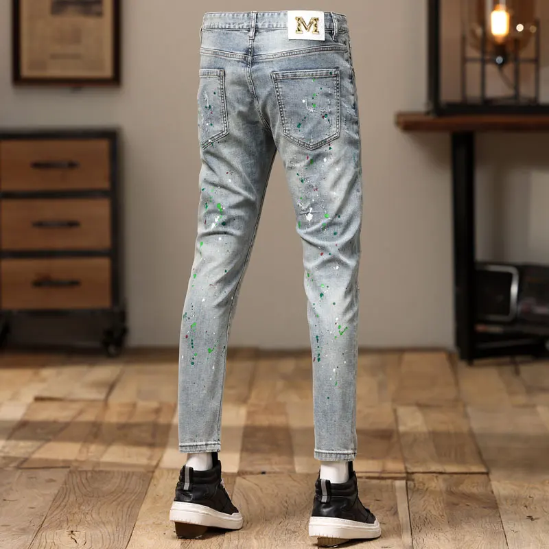 High Street Fashion Men Jeans Retro Light Blue Stretch Skinny Fit Ripped Jeans Men Painted Designer Hip Hop Denim Pencil Pants