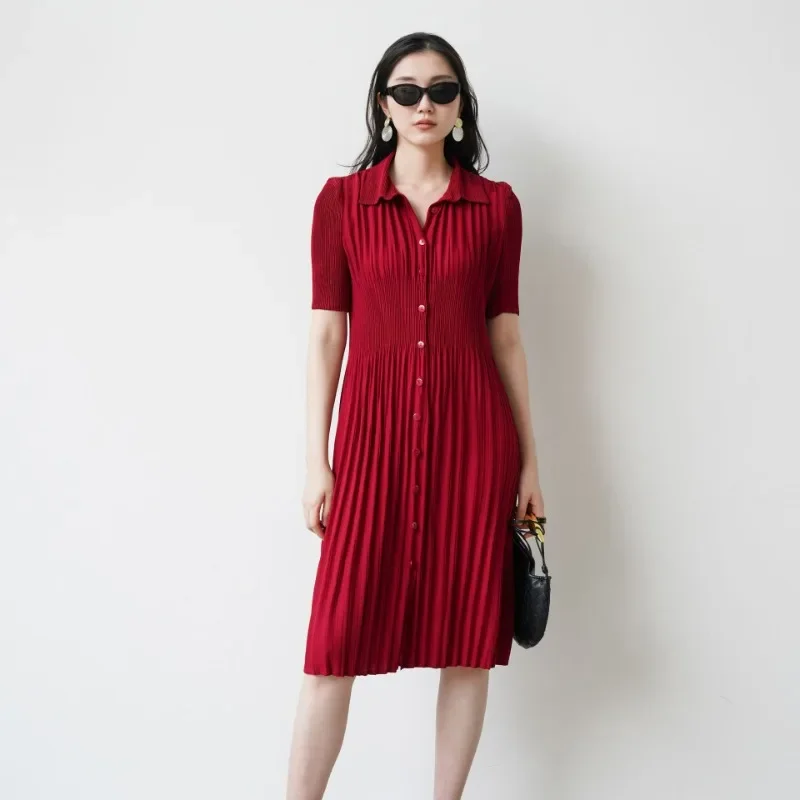 Miyake Elegant Dress British Retro Temperament Casual Short-sleeved Dress Single-breasted Waisted Age Reduction Summer Dresses