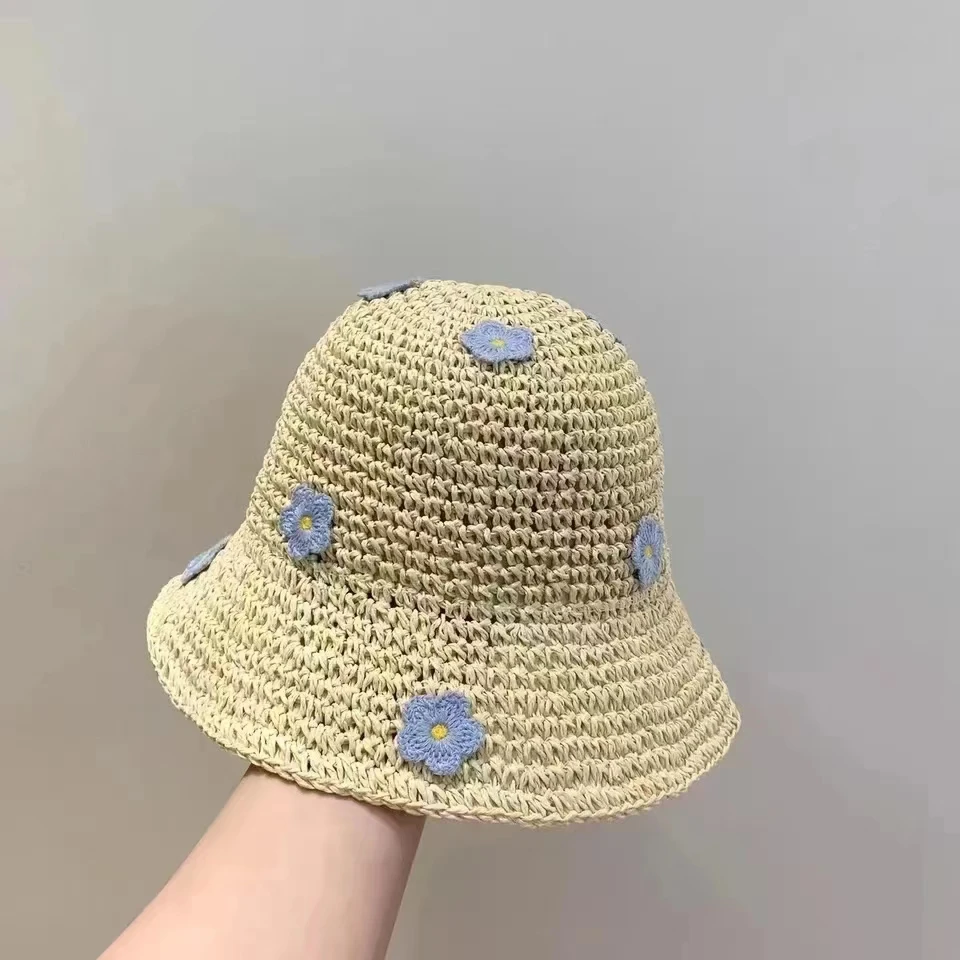 Summer Children's Grass Knitted Fisherman Hat Girl's Breathable Sunshade and Sunscreen Bucket Hat Japanese Fresh Little Princess