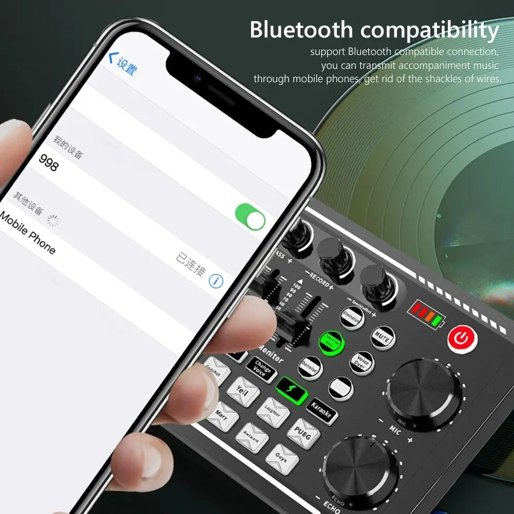 F998 Geluidskaart Professionele Bluetooth Studio Record Voor Telefoon PC Audio Mixing Console Versterker Live Muziek Mini Sound Mixer