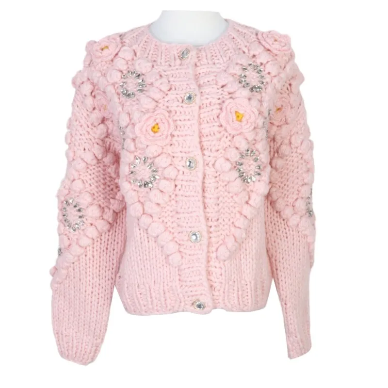 Knitted cardigan women Retro 2025 autumn/winter casual loose single breasted dimensional hand hook drill  jacket basic Simple