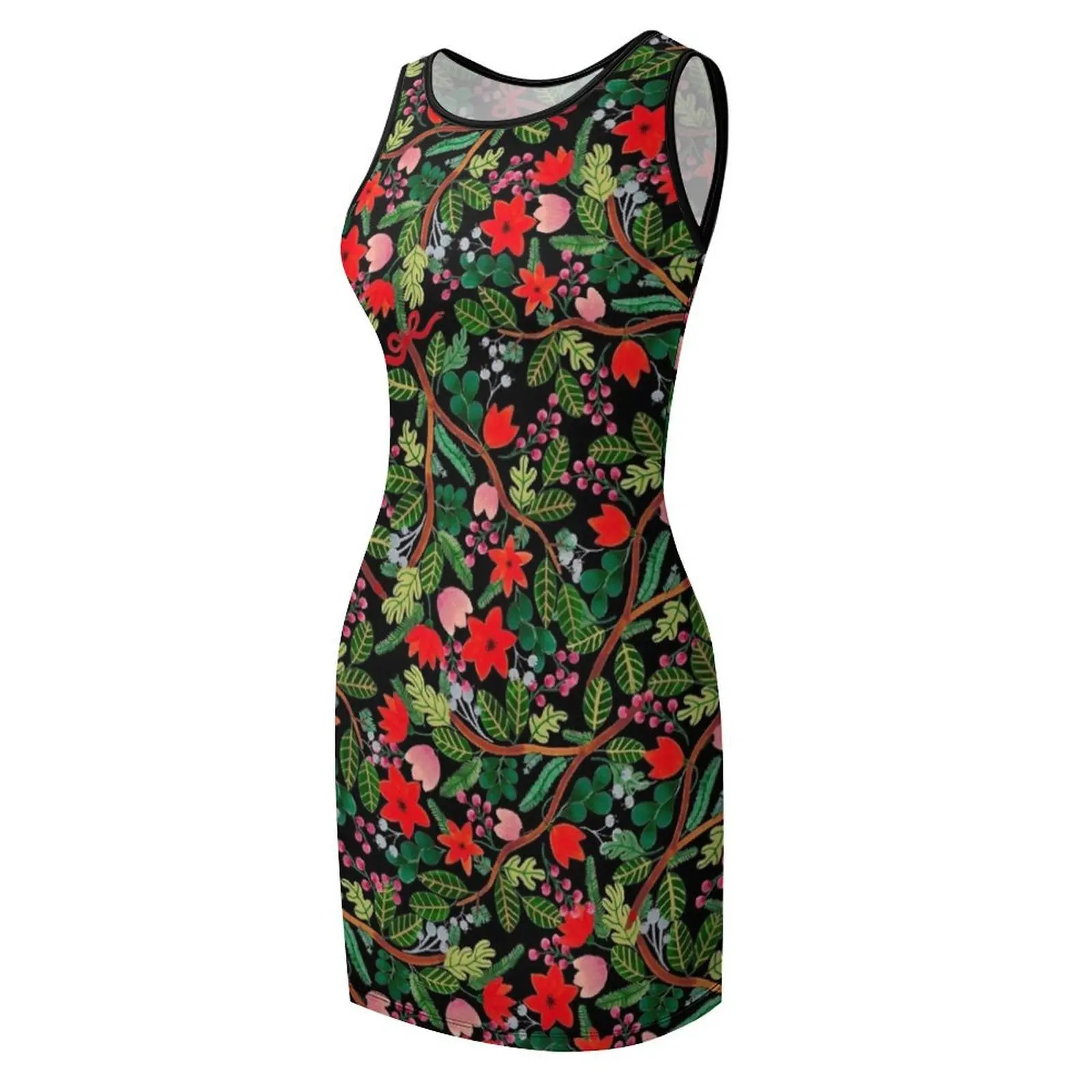 Weihnachten Blumenmuster Schwarz Ärmelloses Sommerkleid Zeremonienkleider Damen Sommerkleider Abendkleid Damen Damenkleider