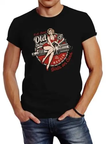 Girls on Cars Retro Vintage Print Pin up Girl Logo Print T-Shirt Short Sleeve