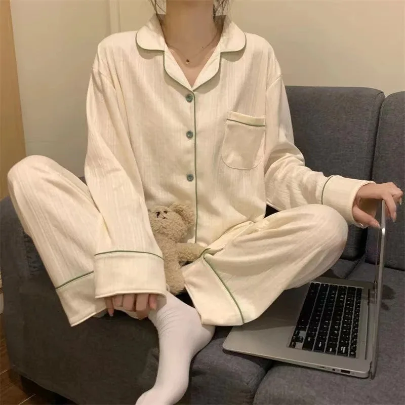 Women Long Sleeve Trousers Soft Pajamas Dormir Lounge Sleepwear Solid White Pajama Mujer Bedroom Home Clothes Female Pyjamas