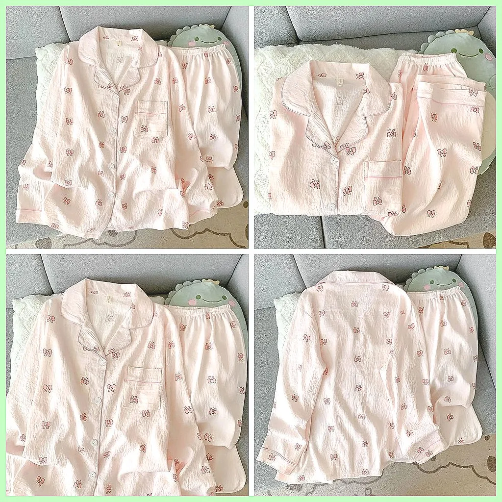 

Girls Pink Pajamas Set, Sweet Bow Print Soft Sleepwear, Comfy Lapel Button Shirt & Pants Loungewear