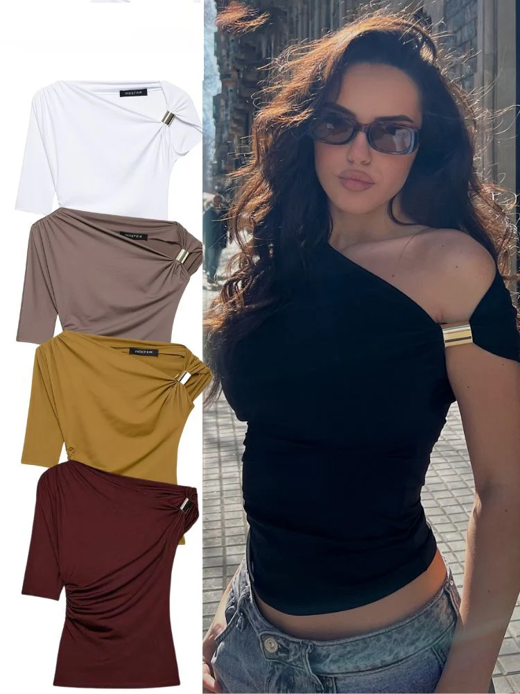 HH Vintage mujer asimétrico Bustier Tops 2025 mujer Sexy cuello oblicuo fuera del hombro plisado Metal decorar camisa ropa de calle
