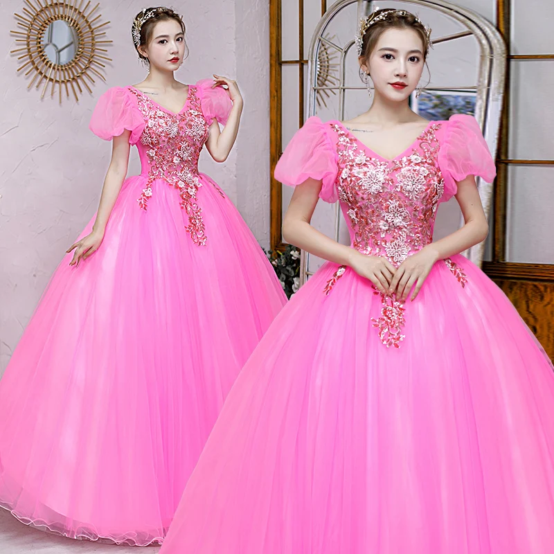 pink bubble sleeve beading bowknot rococo medieval dress Renaissance ball gown queen Victoria/Antoinette/Belle Ball