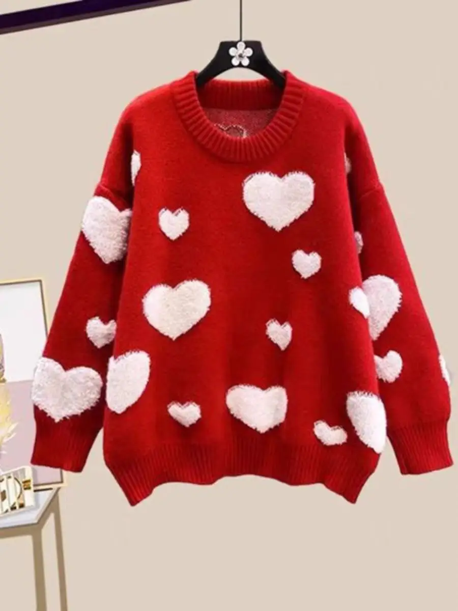 Red Heart Sweater for Women Autumn Winter Loose Slimming Soft Knitted Base Shirt Top New Year's Fashion Casual Wear Sweet Chic