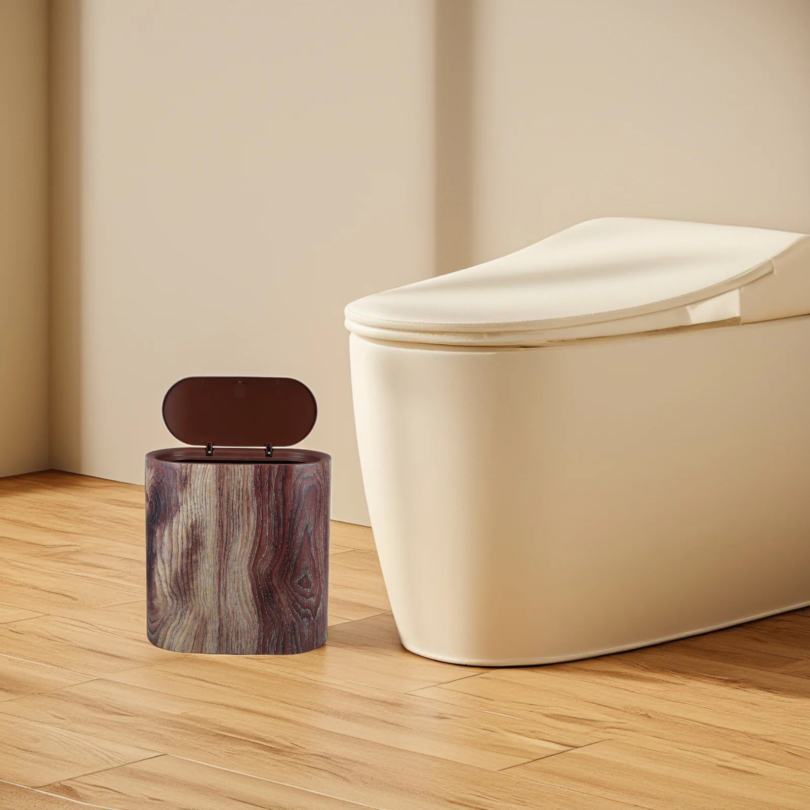 

Slim Space-Saving Wood Grain Trash Can Lid Narrow Compact Waste Container Bathroom Kitchen Living Room Office Restroom Trash Can