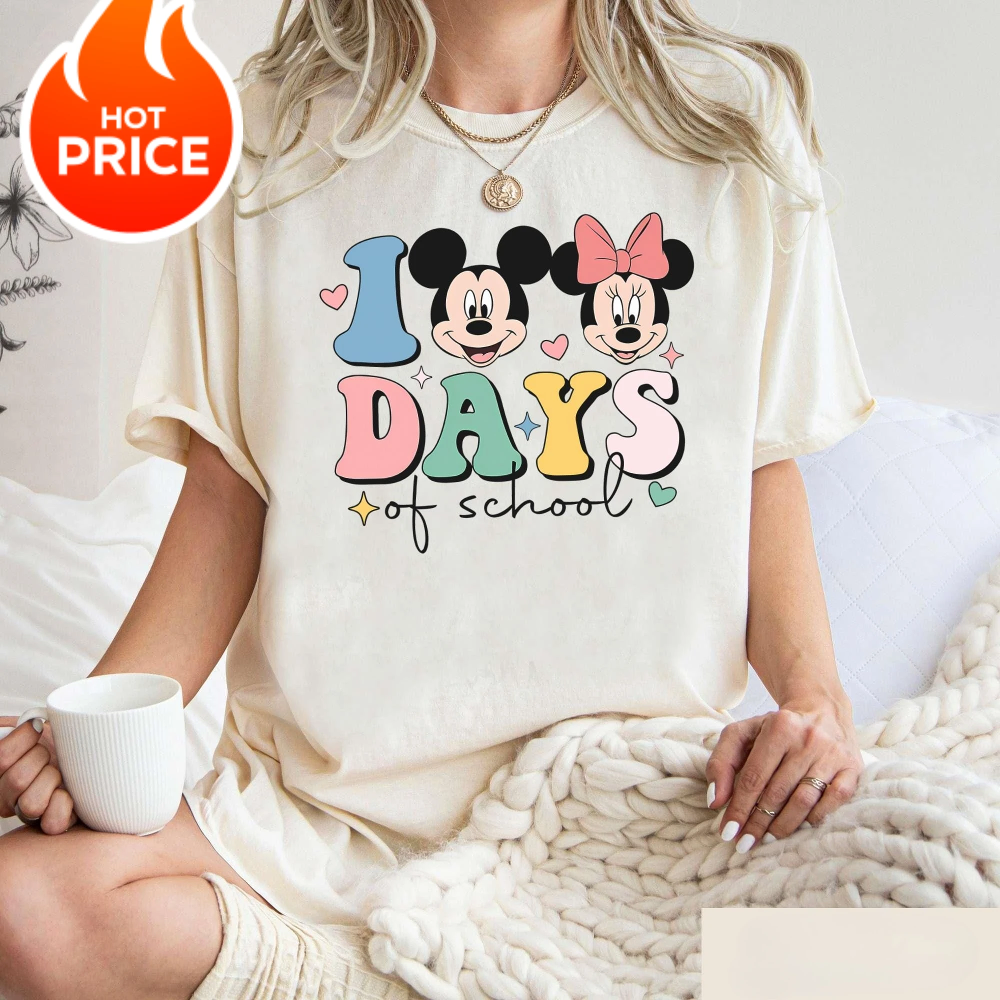 قميص ديزني ميكي ميني 100 يوم من المدرسة، تي شيرت للمعلم الابتدائي، قميص مملكة سحرية لمدرسة ديزني