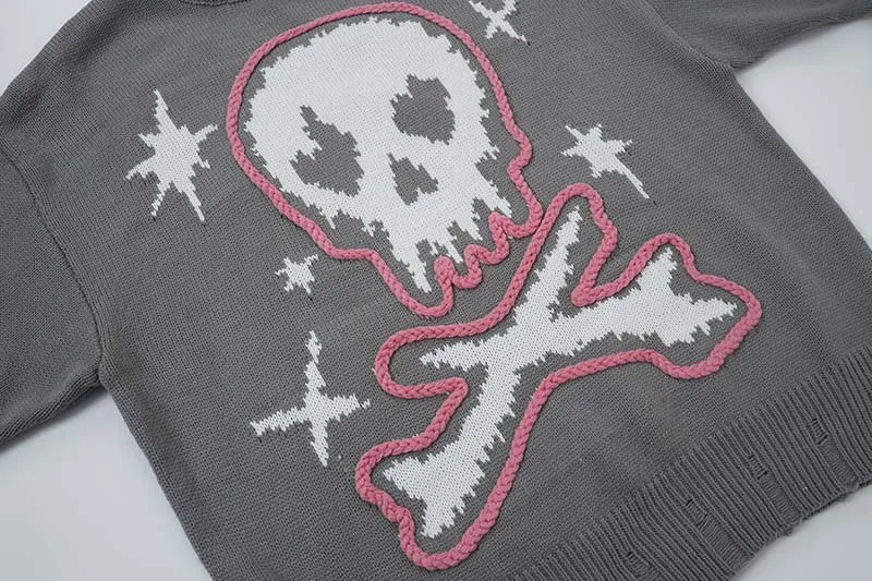 Skull Jacquard Splicing Sweaters Men Vintage Oversized Sweaters Knit Pullover Jumpers Streetwear Harajuku Hip Hop Y2K Knitwear