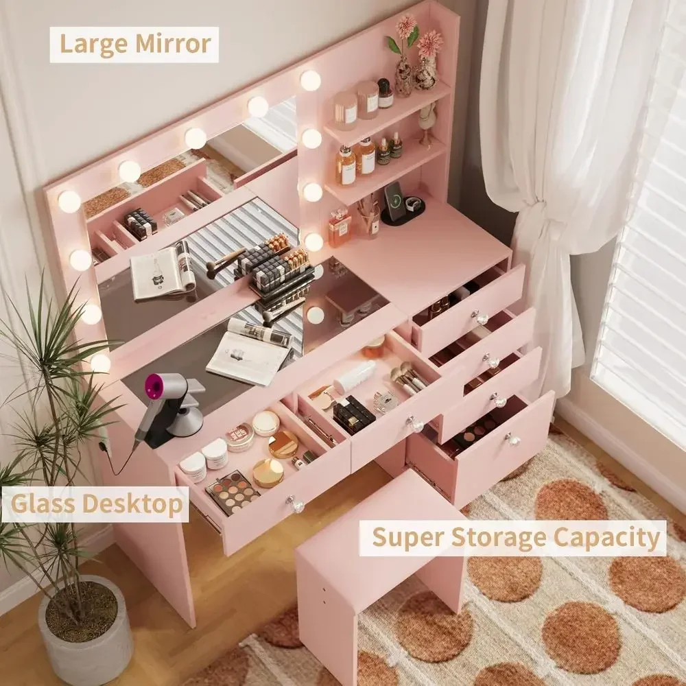 47 Makeup Vanity Desk with Glass Top, Outlets, Storage Shelves, Mirror, 3-Color Lighting, Dimmer, Pink