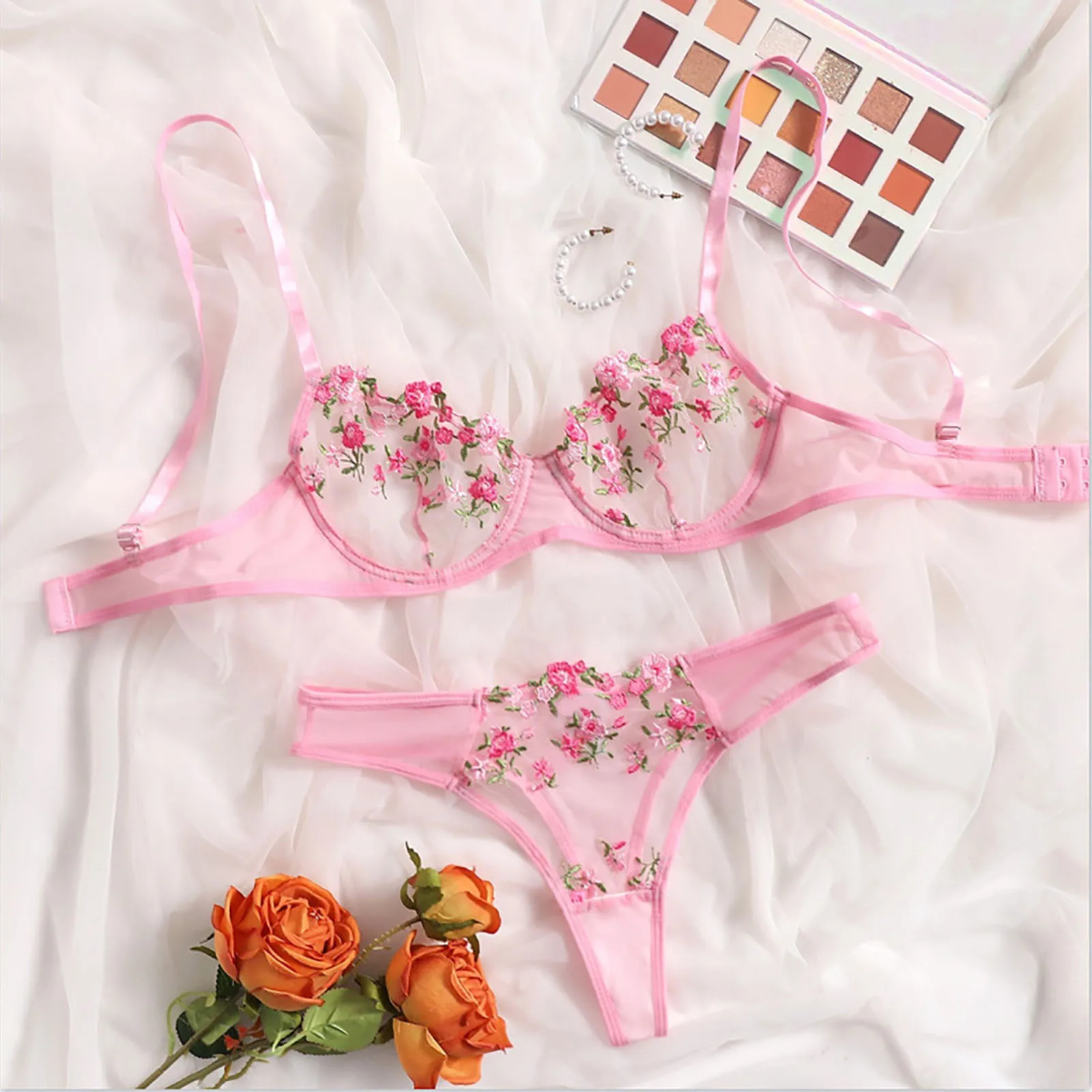 

Sexy Lingerie Romantic Fancy Eroticу Set Woman 2 Pieces Transparent Women Underwear Embroidery Cute Beautiful Bra And Panty Sets