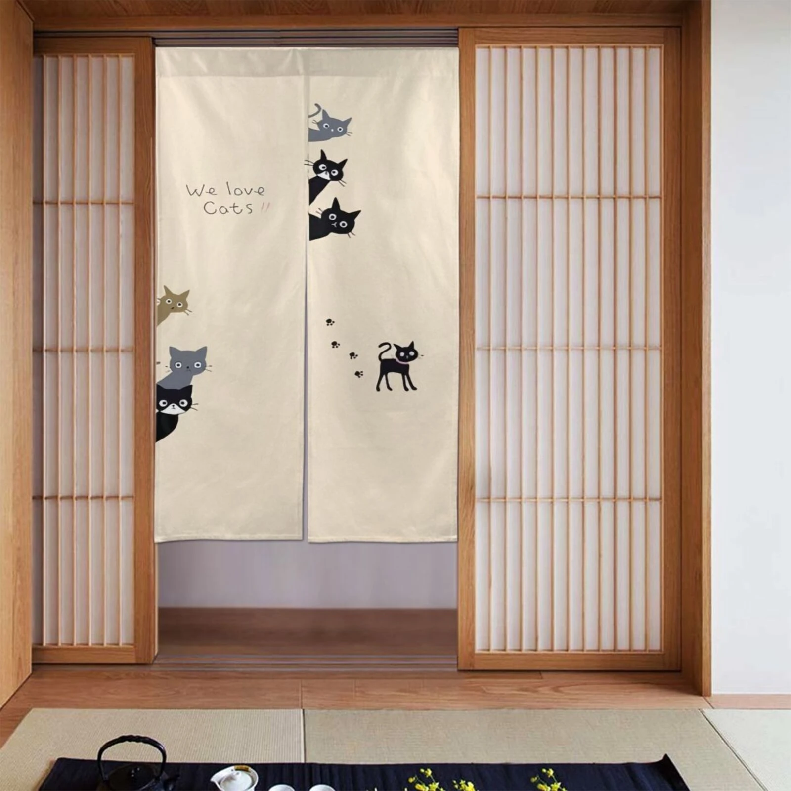 VIKAMA Türvorhang im japanischen Stil mit Katzenmotiv, halber Türvorhang im japanischen Stil, Noren-Vorhang für Küche, Schlafzimmer, Eingangsbereich