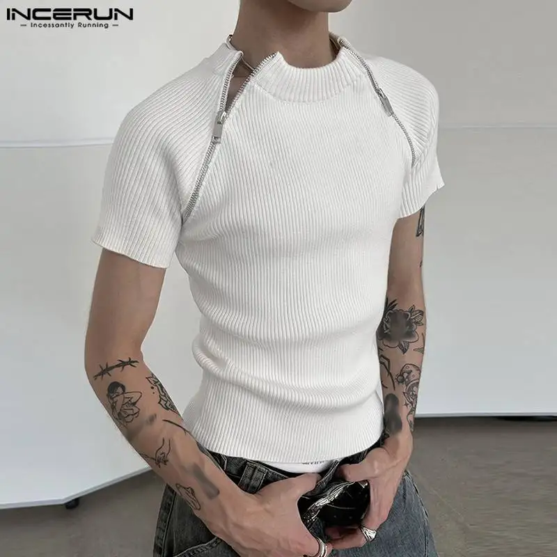 INCERUN 2023 Men T Shirt Solid Color Zipper Knitted O-neck Short Sleeve Men Clothing Streetwear Fitness Casual Tee Tops S-5XL