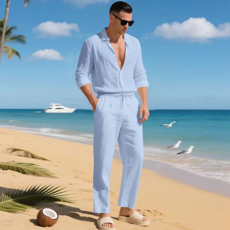 

Мужской льняной комплект: рубашка с длинным рукавом на пуговицах и брюки, однотонный, с отложным воротником, для повседневной носки и пляжа